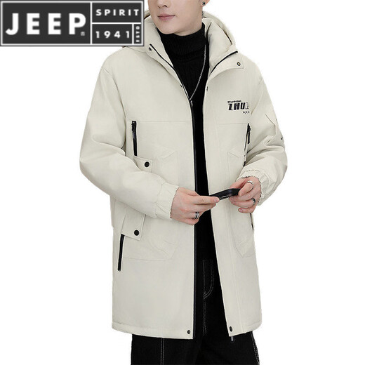 JEEP SPIRIT2025冬季加绒加厚风衣男外套韩版休闲青年连帽保暖中长款夹克上衣 米白色 M 适合95-115斤