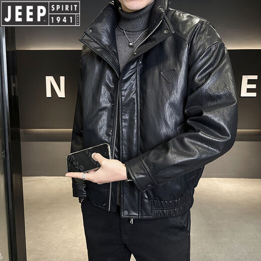 JEEP吉普免洗机车皮羽绒服男冬季2025新款立领休闲加厚保暖外套男装潮 黑色 M 推荐100-130斤