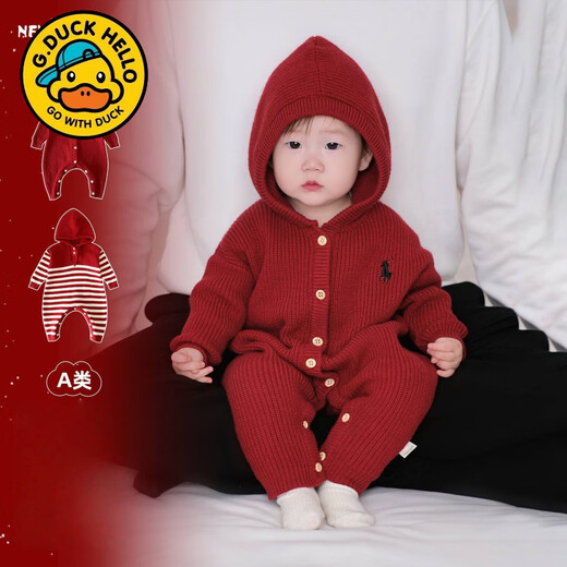 G.duck infant and toddler autumn and winter style festive baby knitted one-piece autumn and winter style small one month old outdoor romper red romper 80cm