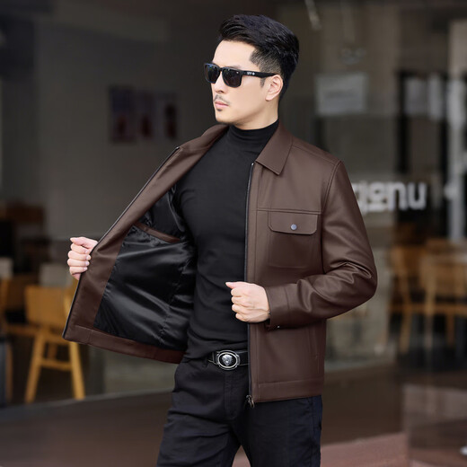 Fei Zhongfei's new men's leather jacket, short style, comfortable and versatile, solid color, crisp collar, brown|8880 XL/180/96A