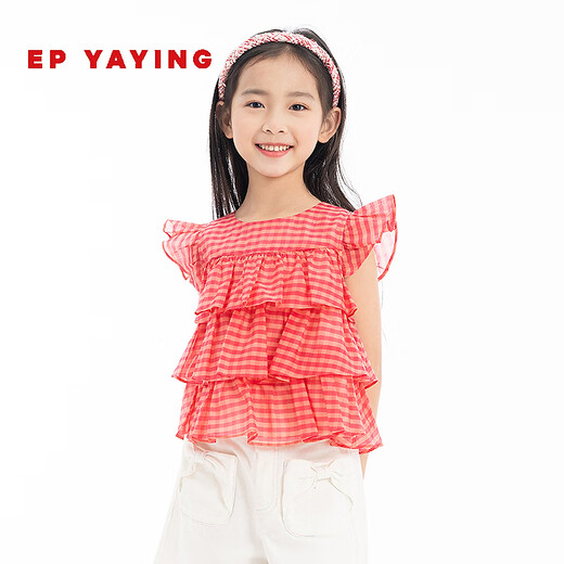 EP YAYING Children's Clothing 2026 Spring Girls New Feifei Sleeve Cake Top Princess Short Style Red 150