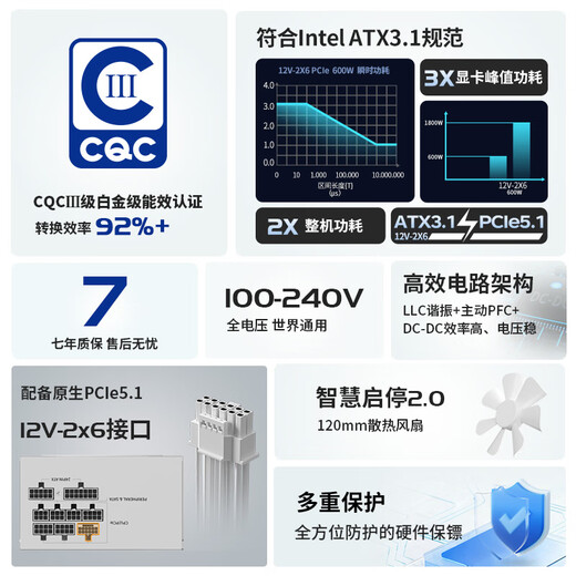 Great Wall rated 750W Huaxia Qinbai full module power supply (CQC platinum level energy efficiency 92%+/ATX3.1 standard/native PCIe5.1/support 5070)