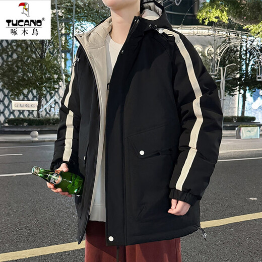 Мужской трехзащитный пуховик Woodpecker, зима 2025, новая рабочая куртка с капюшоном для мужчин и подростков, теплая и морозостойкая одежда для экстремальных холодов YRF5821, черный L, можно носить от 120 до 140 Джин Цзинь равен 0,5 кг.