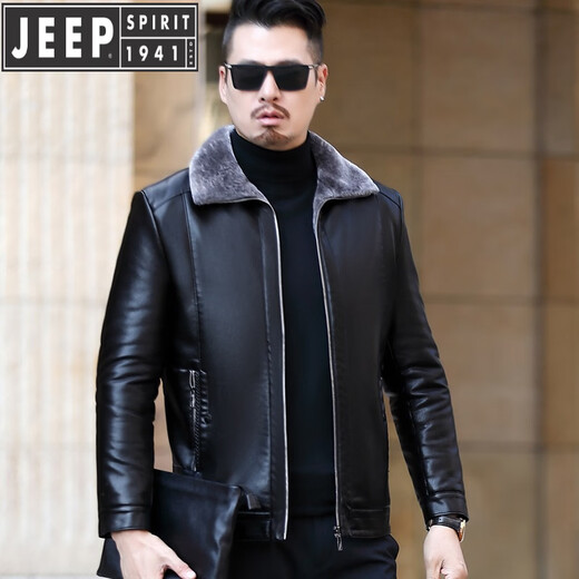 JEEP SPIRIT皮衣新款2025男士冬翻领加绒皮夹克百搭外套皮毛一体 绿色 M 170/84A