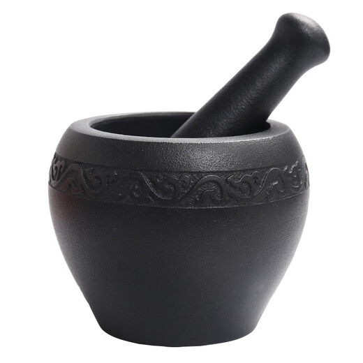 OUOETY natural black gold stone hand-carved old-fashioned stone mortar, garlic mortar, stone cup, garlic pounder, medicine jar, nest pounding bowl, pounder, black gold stone mortar outer diameter 20C/M, carved rattan flower pattern