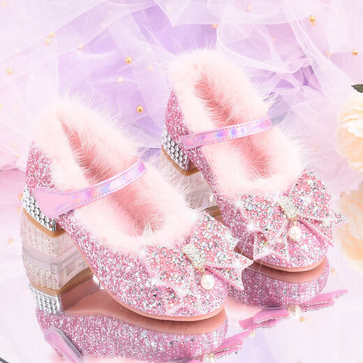 Ruiyang Girls High Heels Fashion Princess Shoes Autumn and Winter Children's Leather Shoes Little Girls Velvet Crystal Shoes Dance Performance Shoes Pink 29 Inner Length 18.9cm