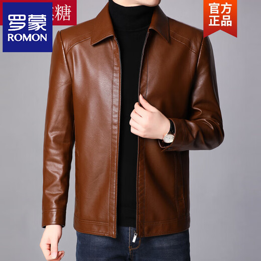 ROMON autumn and winter Haining leather jacket men's loose lapel plus velvet thickened sheepskin leather jacket men's leather jacket dad wear lapel black 3XL 190 180-200Jin Jin equals 0.5 kg