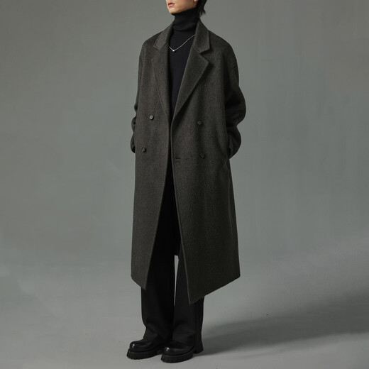 Homlean Korean style woolen coat for men winter thickened mid-length high-end double-breasted coat HK30 matte black XL