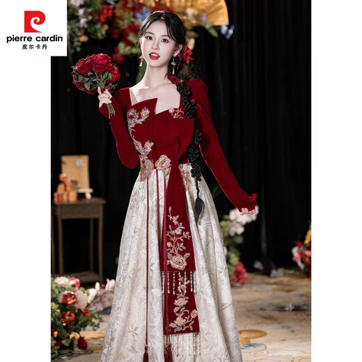 Pierre Cardin (pierre cardin) toast dress plus size fat mm slim bridal style light luxury long-sleeved new Chinese style wedding engagement return dress burgundy M 100Jin Jin is equal to about 0.5 kg