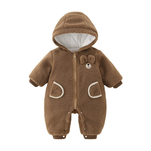 Disney (Disney) baby autumn and winter rompers for boys, thickened lamb wool clothes, baby thin cotton outing clothes, hooded open crotch jumpsuit, khaki color 36cm 66
