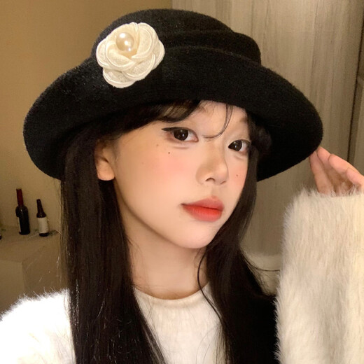 Miao Yijia hat Hepburn style hat for women autumn and winter 2026 new style fashionable and stylish small fisherman hat winter hat black basin hat black camellia gold hat (head circumference about 55-59cm)