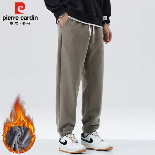 Pierre Cardin casual pants for men in autumn and winter, leg-locking sports pants for men, loose warm long pants for men, light brown plus velvet 2XL