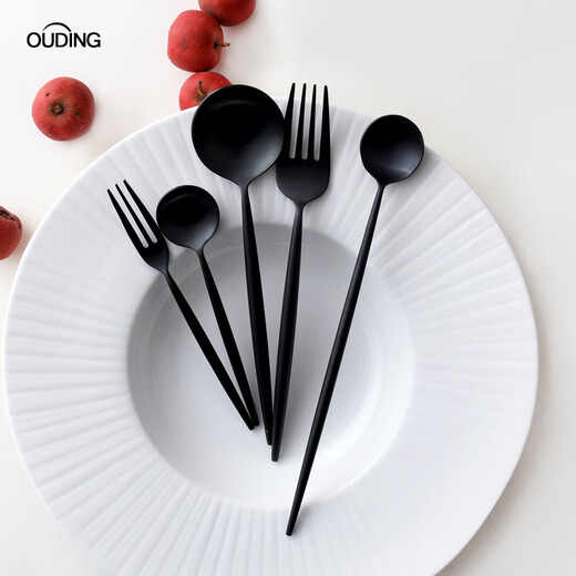 Qiaobo Lai OUDING matte black knife and fork Portuguese INS stainless steel steak knife and fork spoon long handle coffee spoon fruit fork 9-piece set
