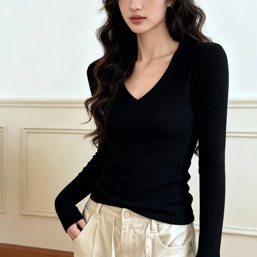 NOME large V-neck thickened bottoming shirt, right shoulder long-sleeved top, women's waist slimming slightly flared cuffs bottoming shirt, black 2XL