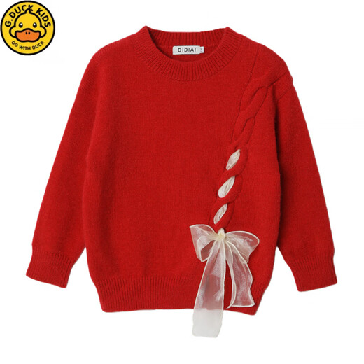 G.duck New Year red parent-child outfit for girls sweet bow pullover sweater fashionable mother-daughter outfit family portrait sweater trendy hot sale red (bow tie) 80 children