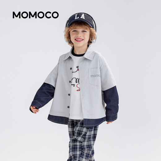 Mami Maka (MOMOCO) children's clothing boys' shirts 2026 spring style medium and large children's fashion versatile trendy shirts gray 105