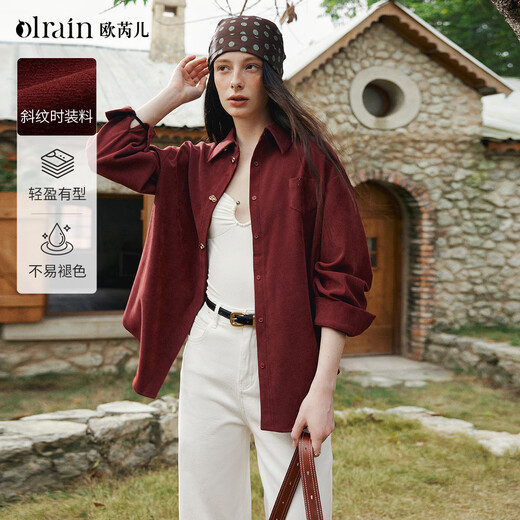 Olrain Ou Ruier spring women's new retro lapel casual long-sleeved shirt loose corduroy top red XL