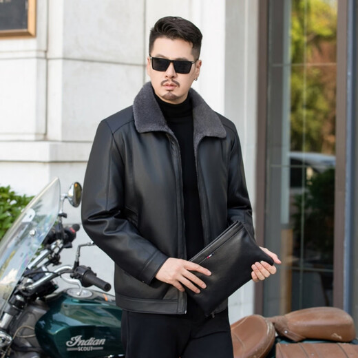 Playboy Haining Leather Men's Jacket Autumn and Winter 2025 New Fur All-in-One Men's Middle-aged Leather Jacket with Velvet and Thickening Brown Color 2030 L 175 Recommendation 110-130Jin Jin is equal to 0.5 kg