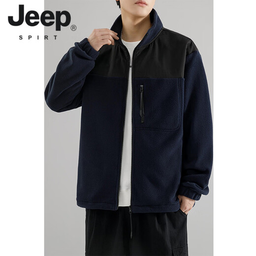 JEEP SPIRIT American Austrian Velvet Casual Stand Collar Jacket Men's 2026 Autumn and Winter New Windproof Versatile Color Block Cardigan Jacket Black M