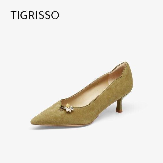 TIGRISSO New Year's Good Persimmon Peanut 26th Spring New Cashmere Temperament Single Shoes New Chinese Style High Heels T76116A-02 Dark Milk White Fabric 36