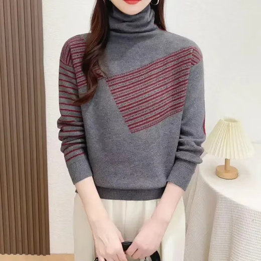 Light luxury quality, fashionable design, two-wear autumn and winter turtleneck color-blocking thickened inner sweater sweater, red gray M (recommended 90-120 Jin Jin equals 0.5 kg)