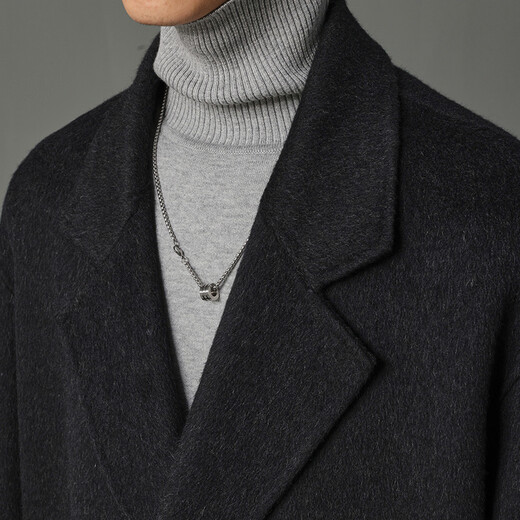 Homlean Korean style woolen coat for men winter thickened mid-length high-end double-breasted coat HK30 matte black XL