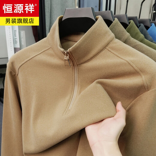 Hengyuanxiang anti-static autumn and winter zippered half-high collar long-sleeved T-shirt for men thickened and warm double-sided velvet sweatshirt with base layer khaki XL 52