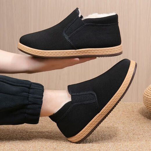 Winter sheep wool high-top old Beijing cloth shoes and cotton shoes plus velvet and thickening to keep warm dad shoes lightweight non-slip black cloth shoes YH-A8 velvet and thickened old Beijing high-top wool and cotton shoes 42 (260mm) standard size