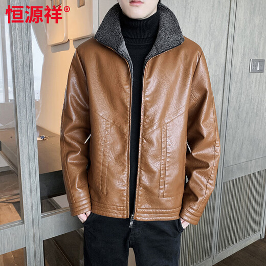 Hengyuanxiang autumn and winter leather jacket men's velvet thickened fur all-in-one warm jacket fat man loose plus size leather jacket trend khaki 6917 6XL