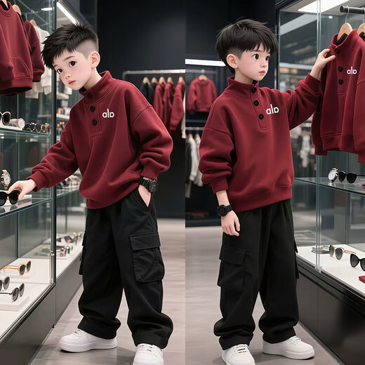 Three-leaf bean boys sweatshirt autumn and winter 2025 new children's velvet thickened tops for big boys boys New Year's red clothes red velvet style 150