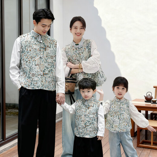 QINZHI Hanfu parent-child clothing mother and daughter autumn and winter new Chinese style parent-child clothing Chinese style buckle vest autumn clothing 2025 new retro mother-in-law floral blue vest 120 girls height about 110cm