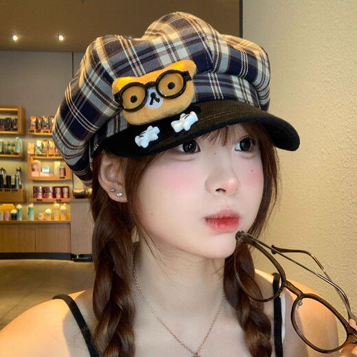 QUEEN TRIP cute cartoon glasses bear plaid octagonal beret for women versatile big head circumference showing face small duck tongue painter hat bear plaid octagonal beret