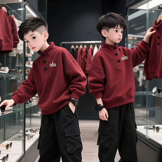 Three-leaf bean boys sweatshirt autumn and winter 2025 new children's velvet thickened tops for big boys boys New Year's red clothes red velvet style 150