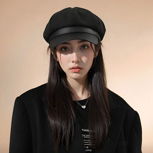 XINBUCKS Korean style beret women's four seasons literary British retro solid color octagonal hat ladies newsboy hat high appearance black one size fits 55-59CM