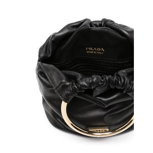 PRADA Women's Handbag Adjustable Shoulder Strap Drawstring Design Portable Storage Shoulder Carrying Black Sheepskin Metal Ring Black TU