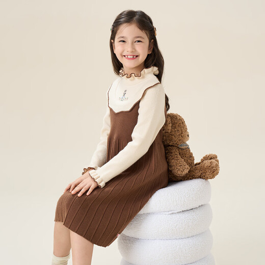 Montagut children's clothing girls' new fashionable fungus edge collar knitted skin-friendly soft and sweet careful machine embroidered classic dress