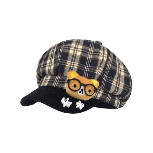 QUEEN TRIP cute cartoon glasses bear plaid octagonal beret for women versatile big head circumference showing face small duck tongue painter hat bear plaid octagonal beret