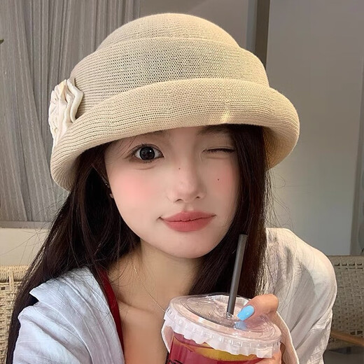 Zunti hat women's camellia curled linen beret spring thin breathable face-showing Little Hepburn style top hat painter's hat beige one size