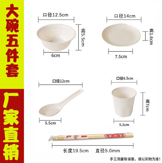 Rice husk series disposable tableware five-piece set (dishes, cups, saucers, spoons and chopsticks set) thickened picnic banquet barbecue white disposable tableware five-piece set (350ml bowls, cups, saucers, spoons and chopsticks) 50-person set