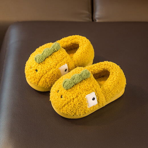 Shijanu Little Dinosaur Children's Cotton Slippers Boys Indoor Non-Slip 2-3 Years Old Bag Heels Infants and Toddlers Baby Plush Cotton Slippers Women Yellow Square Eyed Dinosaur 14cm Inner Length
