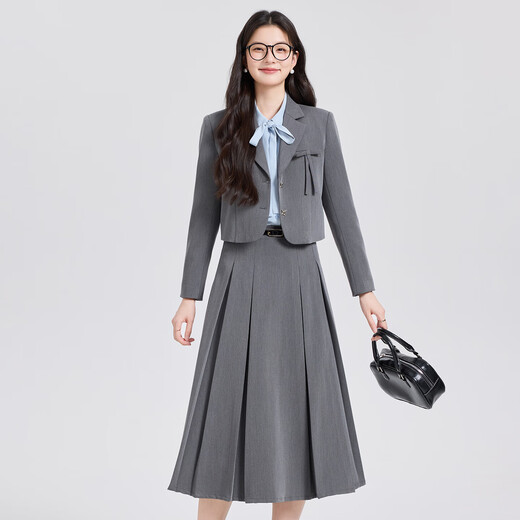 Gray suit skirt for women 2026 new college student interview professional formal wear small suit jacket spring and autumn black jacket + 2110# blue striped shirt + skirt L (recommended weight 106-118Jin Jin is equal to about 0.5 kg)