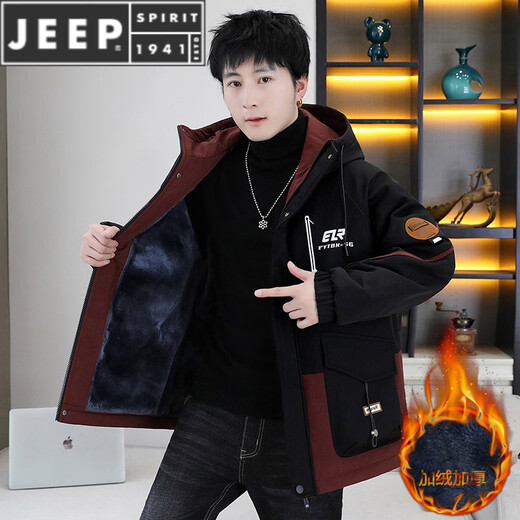 JEEP SPIRIT winter coat men's jacket hooded casual plus velvet thickened warm work jacket windbreaker 2025 new winter wear black M