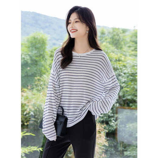 Ives (ITISF4) chic lazy style long-sleeved T-shirt Korean striped loose slim casual top white one size