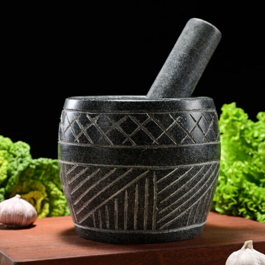 Fantasy large garlic pounder stone garlic mortar grinder stone mortar for pounding medicine, smashing pepper, peeling garlic and garlic press, hand-carved diameter 25 cm with wooden hammer