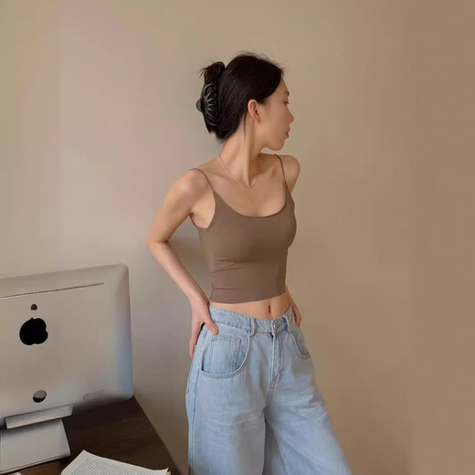 Ice Silk Seamless Camisole with Breast Pads, Slimming, Inside and Outerwear Top, Crossing the Back, White (Slightly Translucent, Mind Photo with Care, One Size Fits All)