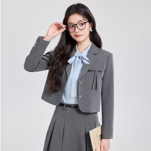 Gray suit skirt for women 2026 new college student interview professional formal wear small suit jacket spring and autumn black jacket + 2110# blue striped shirt + skirt L (recommended weight 106-118Jin Jin is equal to about 0.5 kg)
