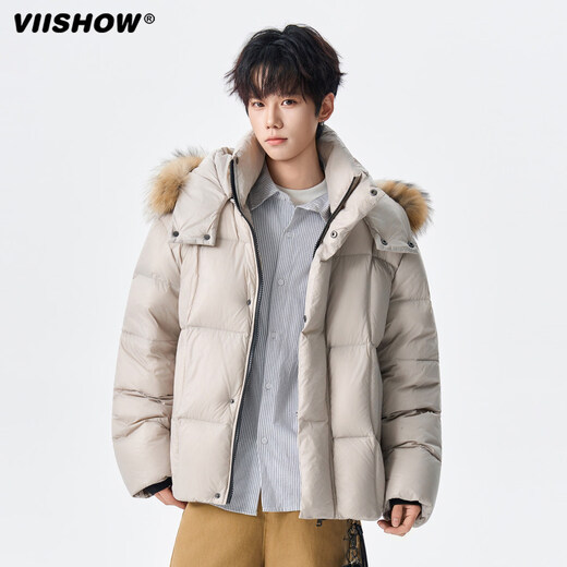 viishow冬季可拆卸毛领连帽羽绒服男女潮牌90绒保暖情侣防寒外套 黑色 S