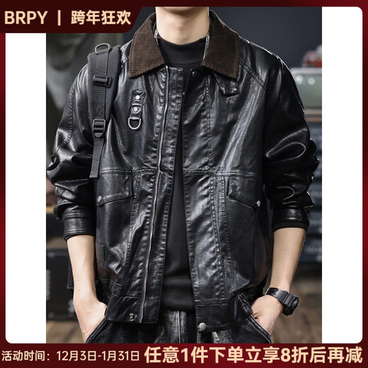 BRPY American high-end retro old money style leather jacket for men 2025 autumn and winter new fashion handsome men's PU leather jacket black M suitable for 100-125Jin Jin equals 0.5 kg