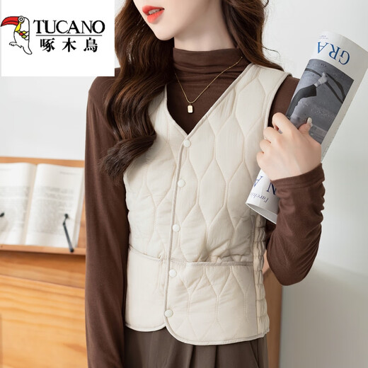Woodpecker Vest Women's Autumn and Winter 2025 New Korean Style Down Cotton Versatile Fashionable Mom Vest Plus Velvet Wear Short Waistcoat Beige-MX Zip Chain Vest Thin Lightweight M 83-95Jin Jin is equal to 0.5 kg