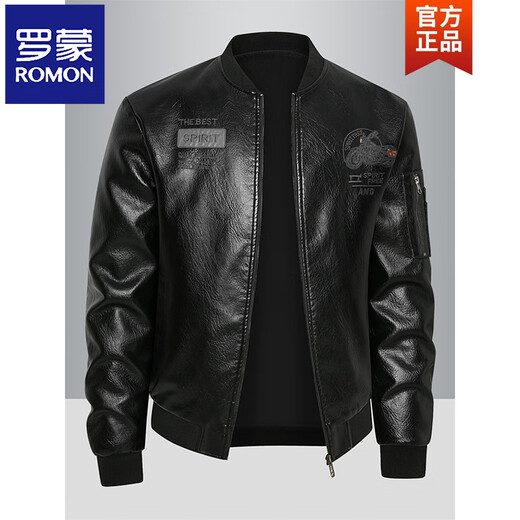 ROMON Leather Jacket Men's Baseball Collar Plus Velvet Thickening Loose Casual Trendy Handsome Leather Jacket Embroidered Motorcycle Jacket Black No Velvet 812X 6XL